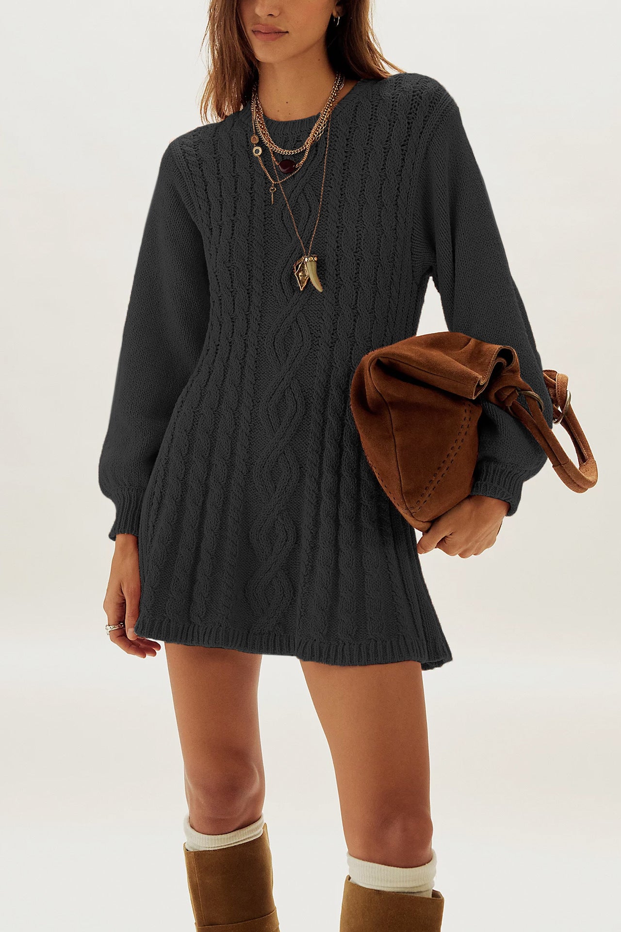 Cable Knit Sweater Dress in a Mini Length — Balloon Sleeve Crew Neck Flared Style