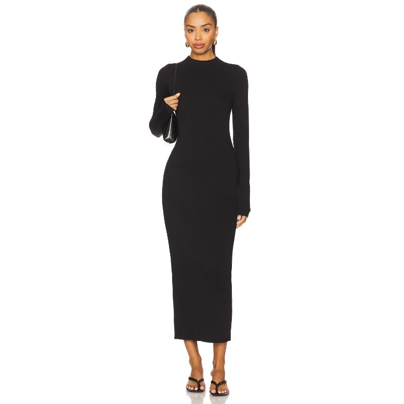 Black ribbed knit bodycon midi dress with mock neck and long sleeves
