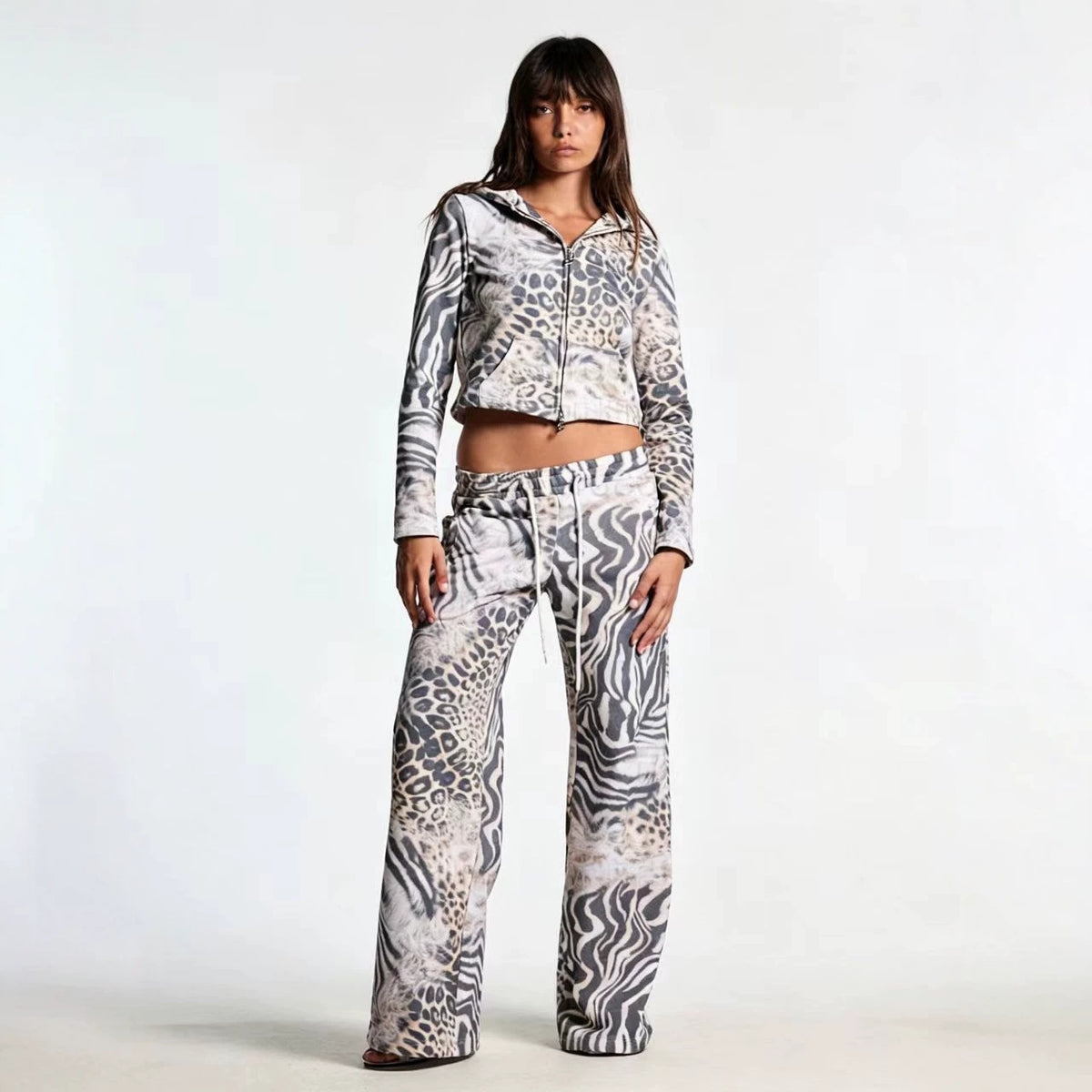 Women’s animal-print sweatshirt set: cropped zip hoodie and wide-leg pants, front view