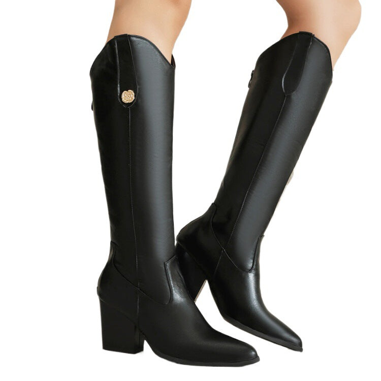 Women’s black pointed-toe knee-high cowboy boots with block heel and side medallion