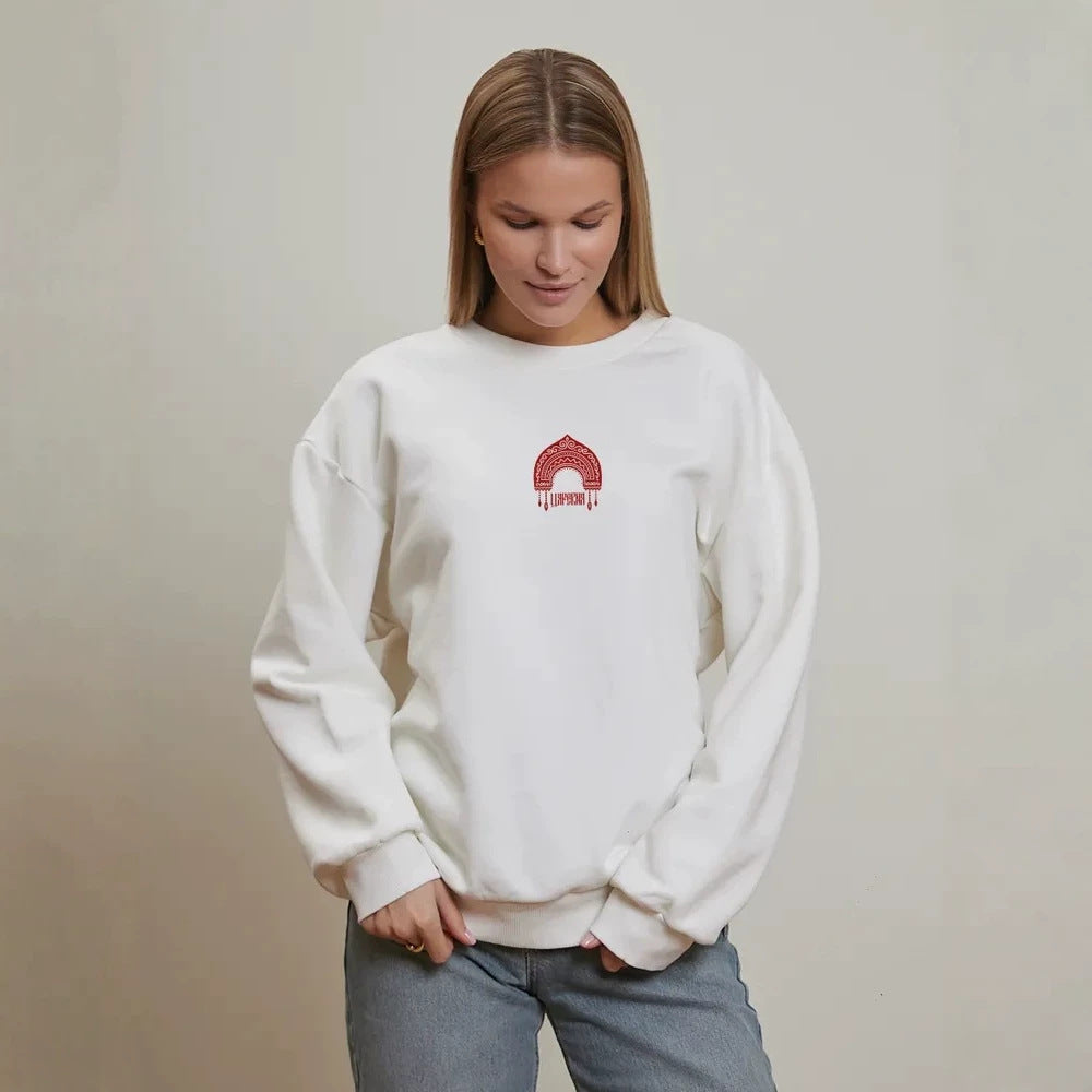 Embroidered Sweatshirt for Women — Oversized Crew Neck Folk Motif in Cotton Fleece