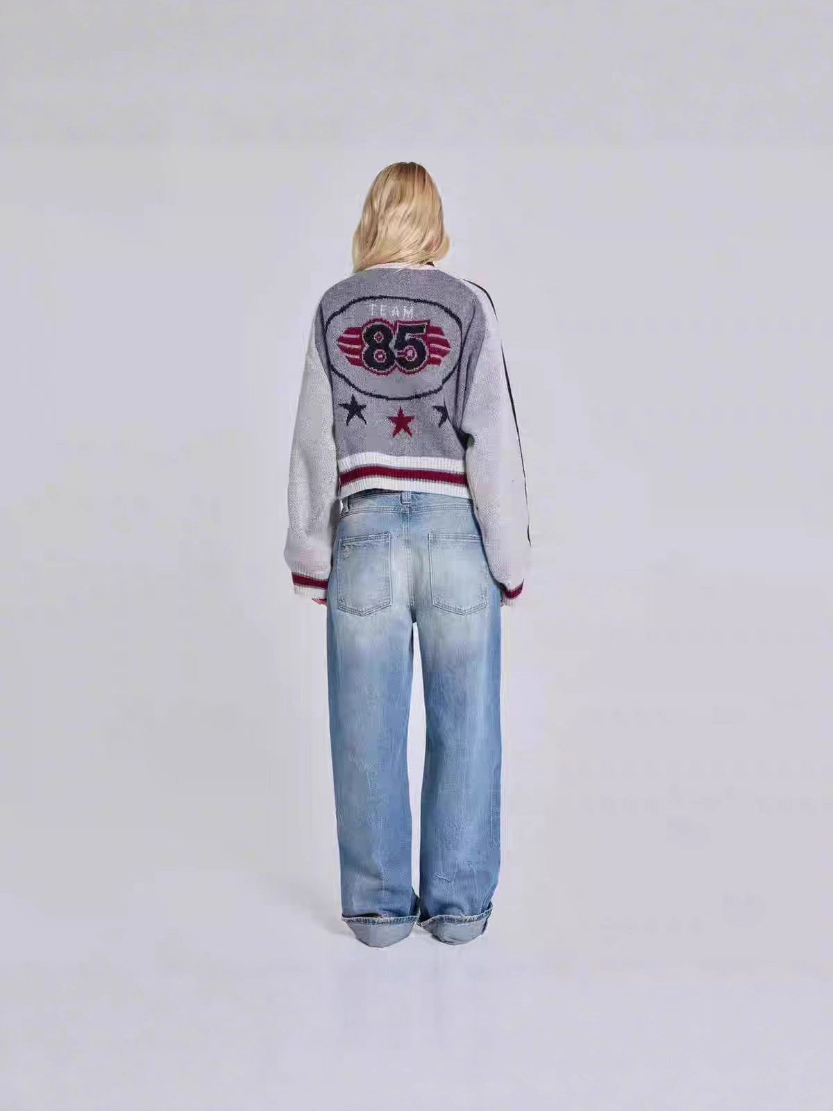 Zip Up Cardigan for Women — Cropped Varsity Sweater Jacket in Wool Blend Knit