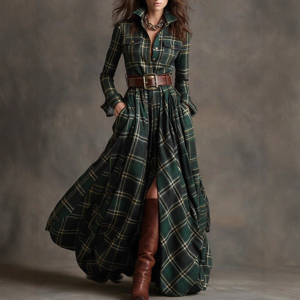 Green plaid maxi shirt dress with button front, long sleeves, corset-style belt, front slit