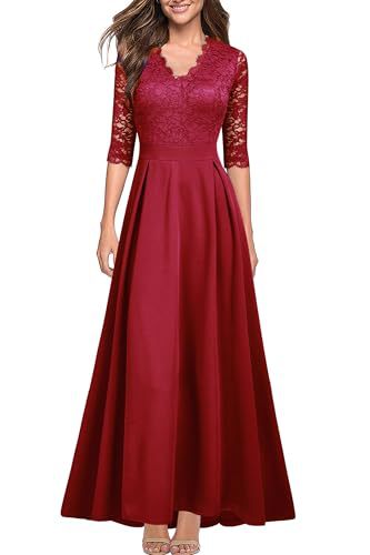 Red lace long dress with 3/4 sleeves, V-neck, fitted waist, full flared skirt.