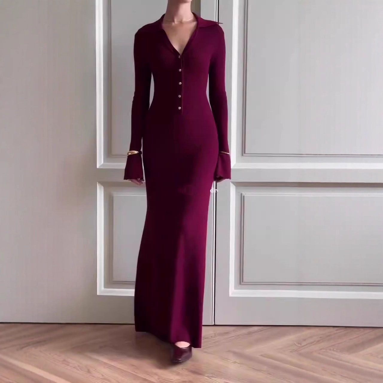Knit Polo Maxi Dress — Bell Cuff Long Sleeves with Gold Button Placket in Merino Wool