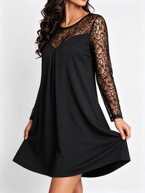 Long Sleeve Lace Dress — Swing Mini with Sheer Illusion Yoke in Viscose