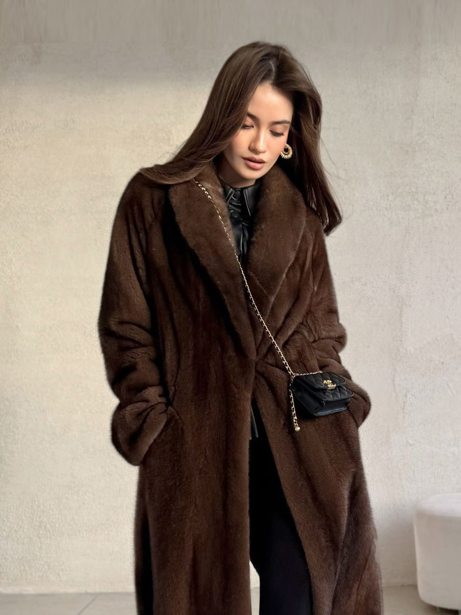 Dark brown long faux fur coat detail view, open front and plush collar