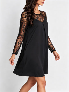 Long Sleeve Lace Dress — Swing Mini with Sheer Illusion Yoke in Viscose