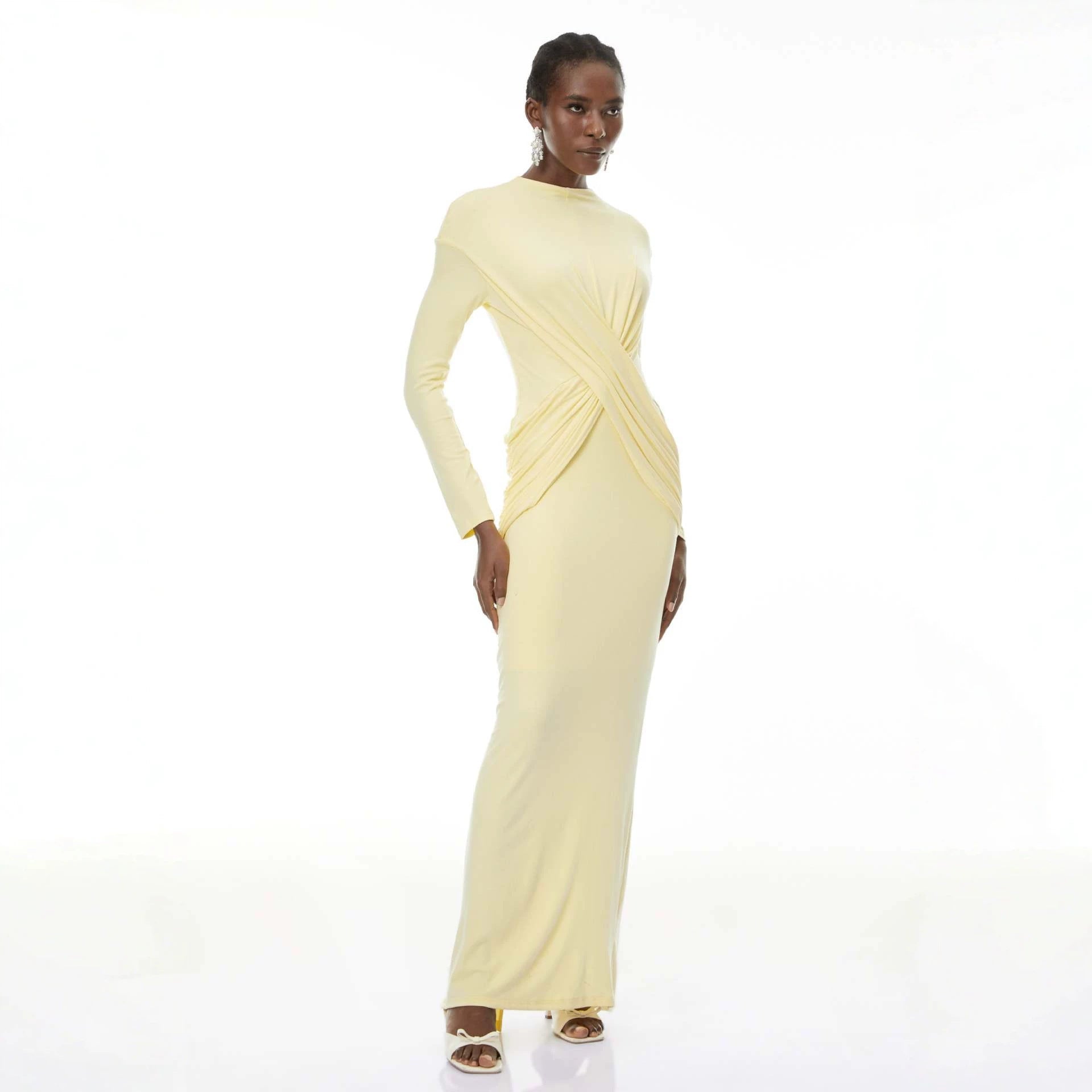 Long Sleeve Maxi Dress — Crossover Draped Waist with High Neck and Back Slit in Jersey