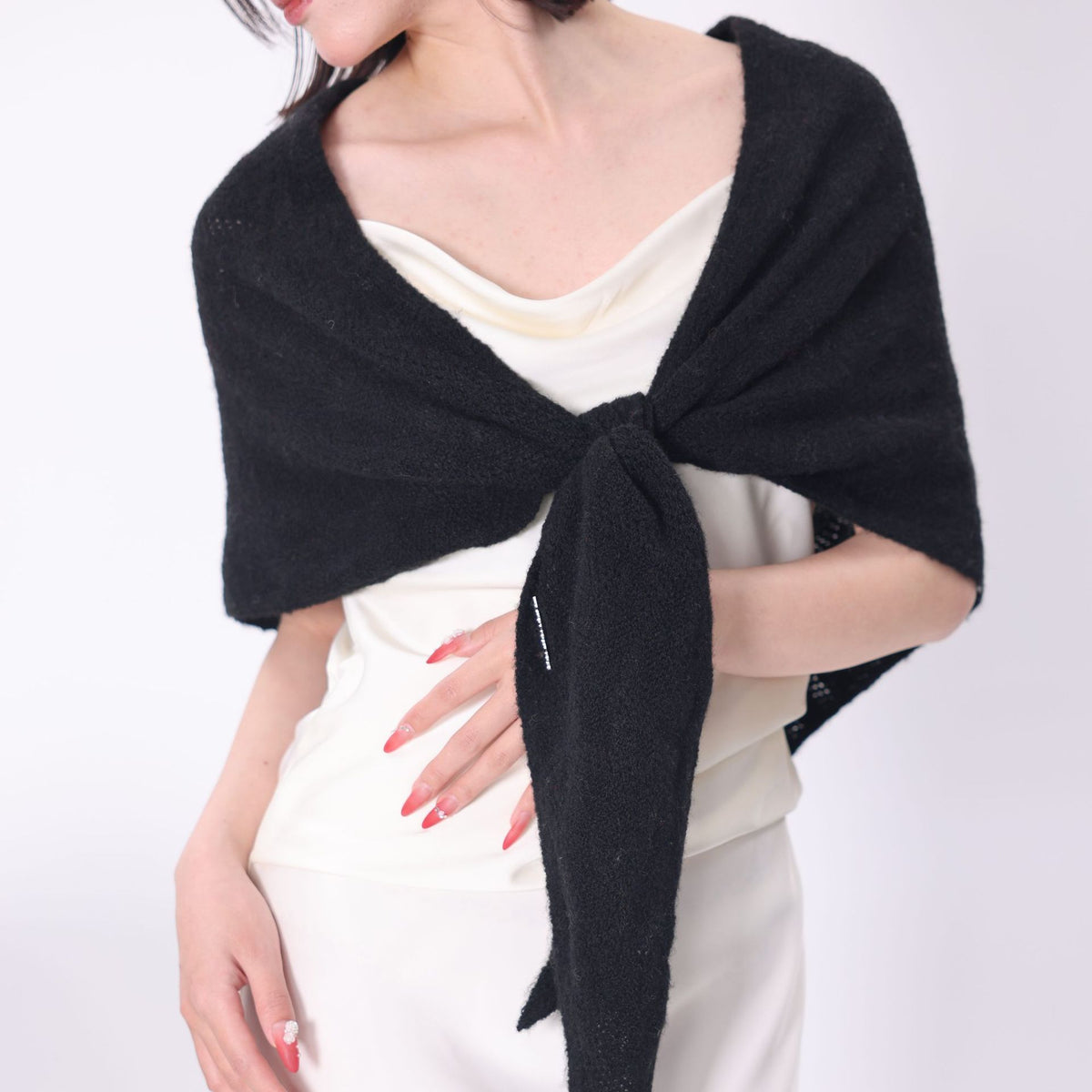Black triangle knit scarf shawl with center tie-knot and pointed ends