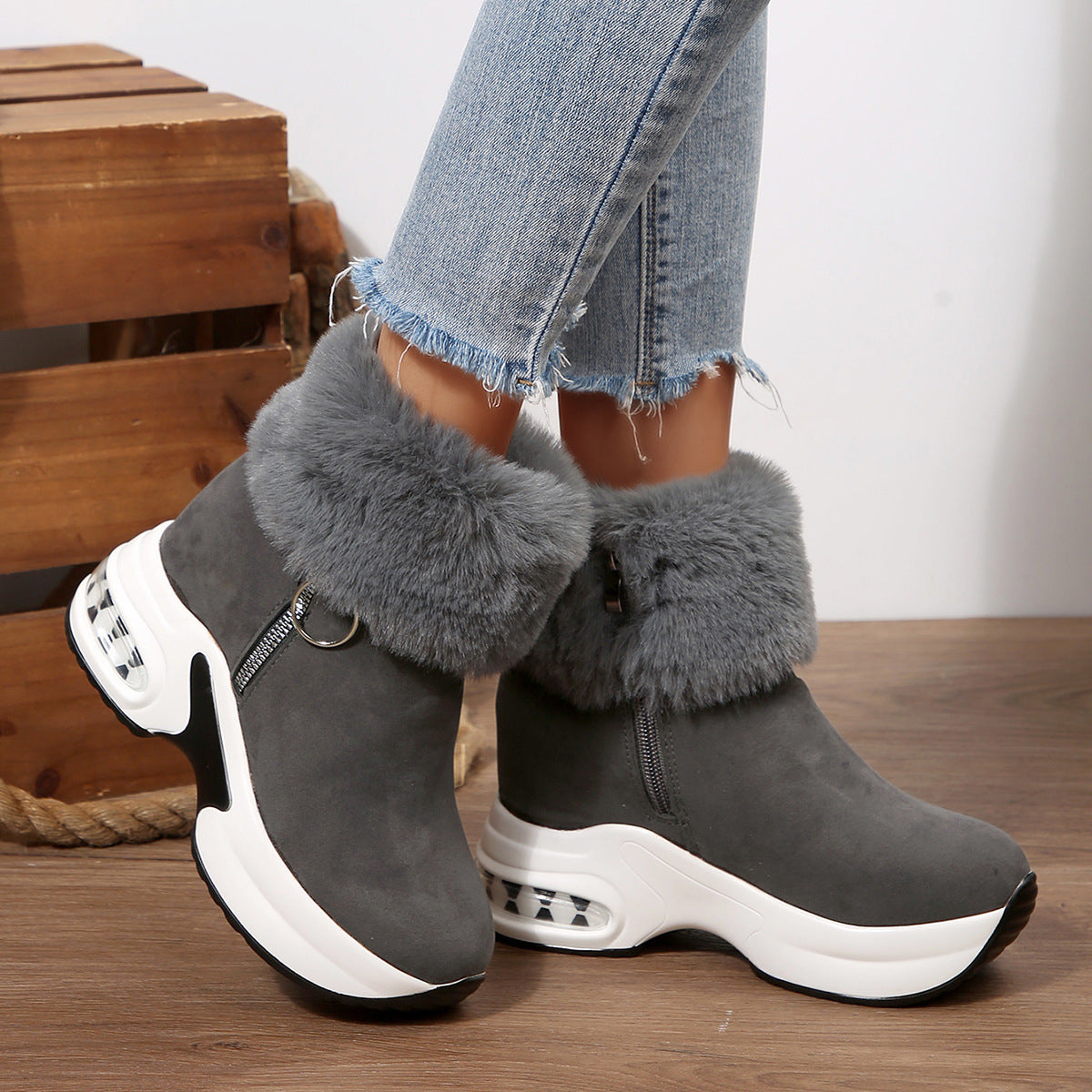 Gray fleece-lined snow boots with side zipper, faux-fur cuffs, chunky white platform sole