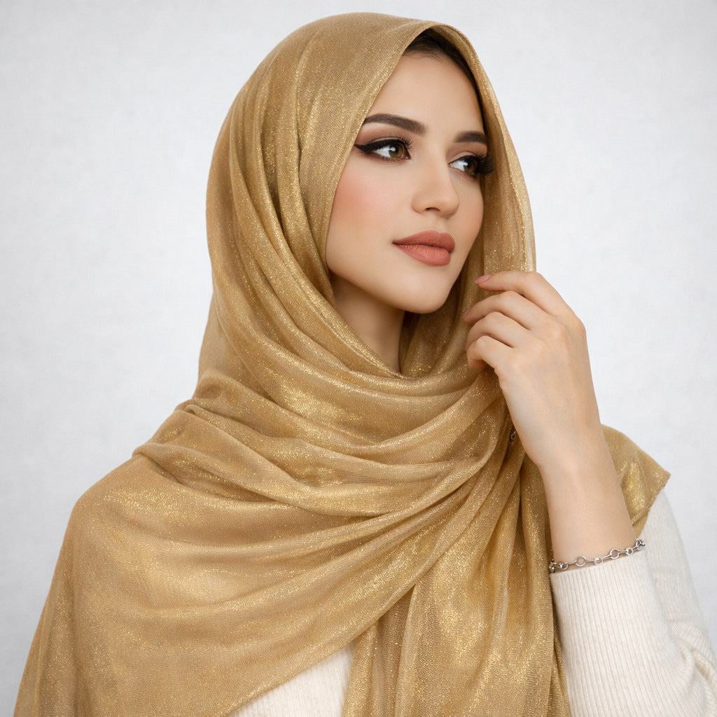 Gold sequin chiffon headscarf with draped wrap, glittery shimmer finish