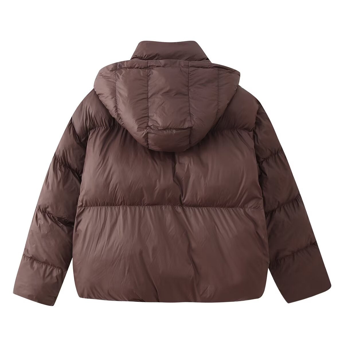 Brown quilted puffer jacket with full hood, back panels, and mid-length hem