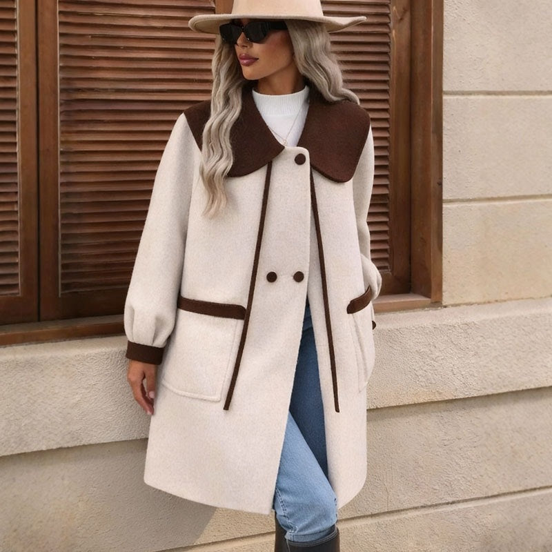 Women’s color-block wool coat with shawl collar, off-white body with brown shoulders and tie cords