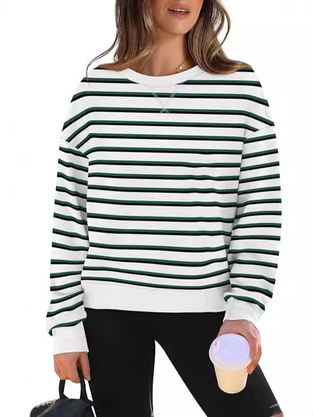 Women's striped crew neck sweater, long sleeves, green and white horizontal stripes