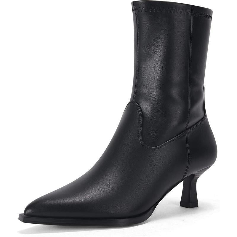 Pointed Toe Ankle Boots for Women — Kitten Heel Sock Fit with Side Zip in Faux Leather