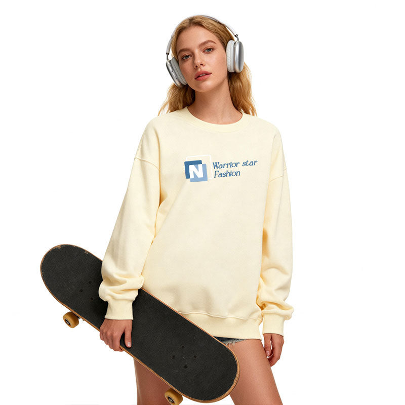 Light cream crew-neck pullover sweatshirt with long sleeves and chest logo graphic