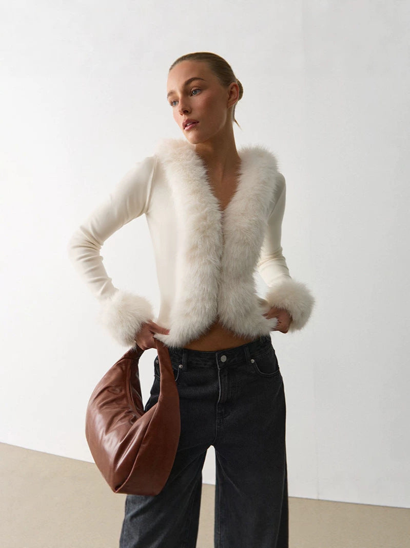 White faux fur cardigan with V-neck, long sleeves, open front, fluffy frayed trim