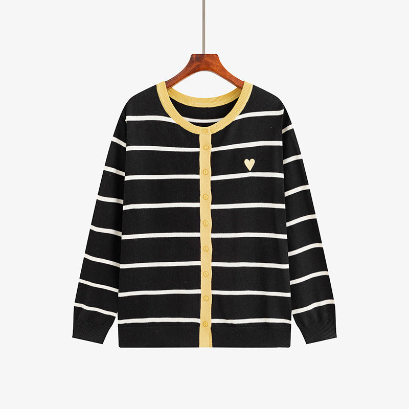 Striped Cardigan for Women — Button Front Knit with Contrast Trim in Soft Cotton