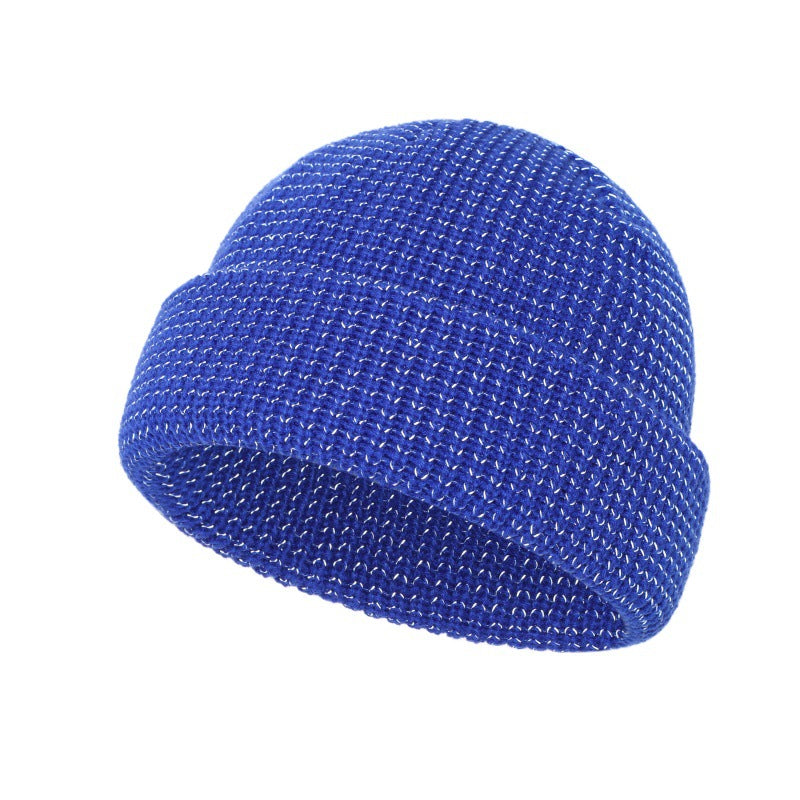 Blue knitted beanie hat with folded cuff, textured stitch knit