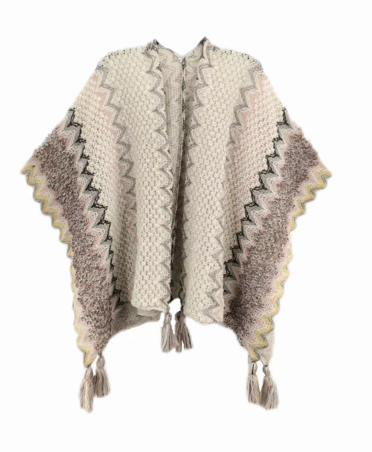 Cream knitted shawl with gray zigzag trim and multicolor accent plus tassels