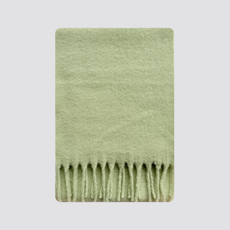 Wool-blend tassel scarf, sage green, soft knit with fringed bottom edge