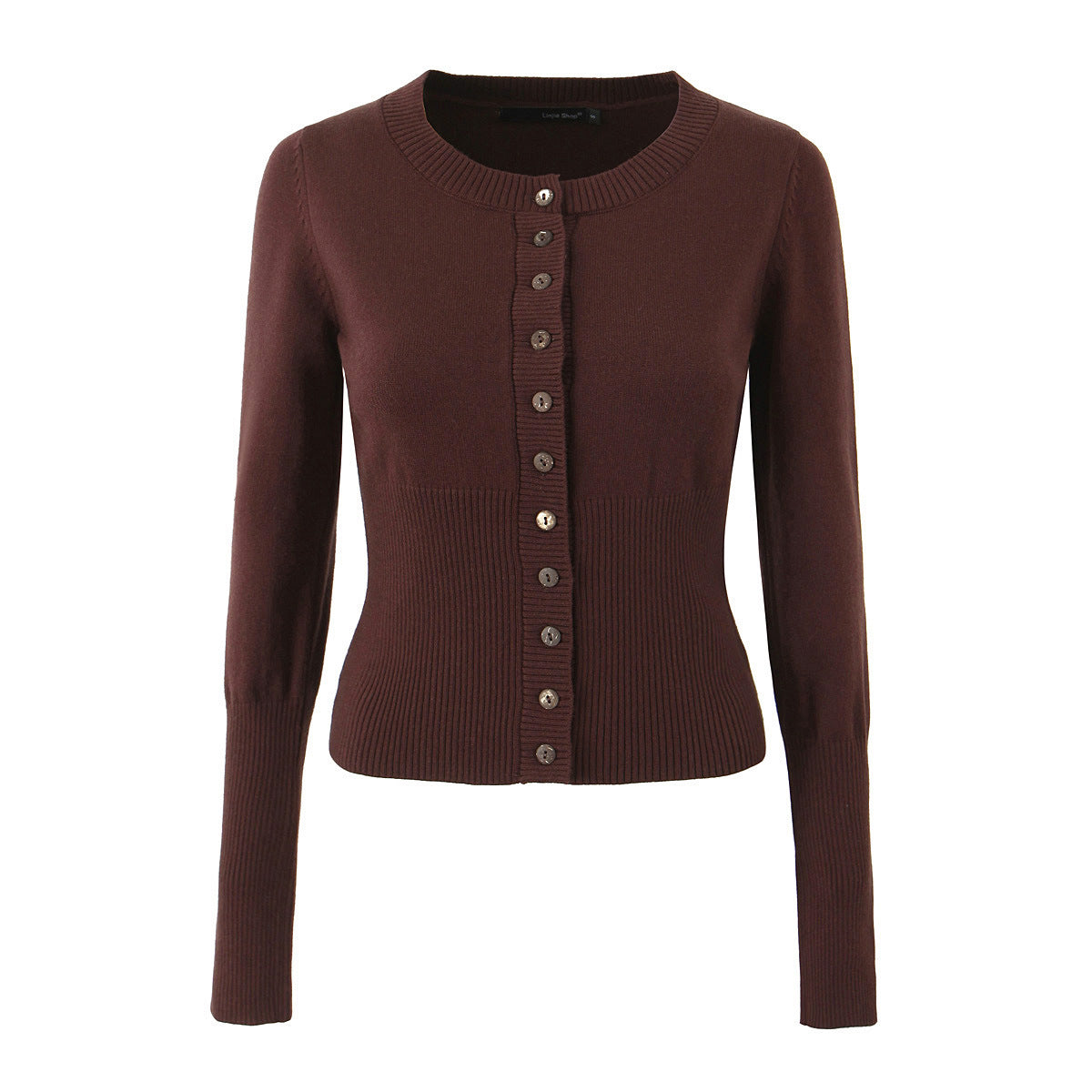 Brown fitted knit cardigan with long sleeves and button front