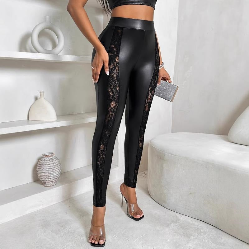 Lace Panel Faux Leather Leggings for Women — High Waisted with Sheer Floral Inserts