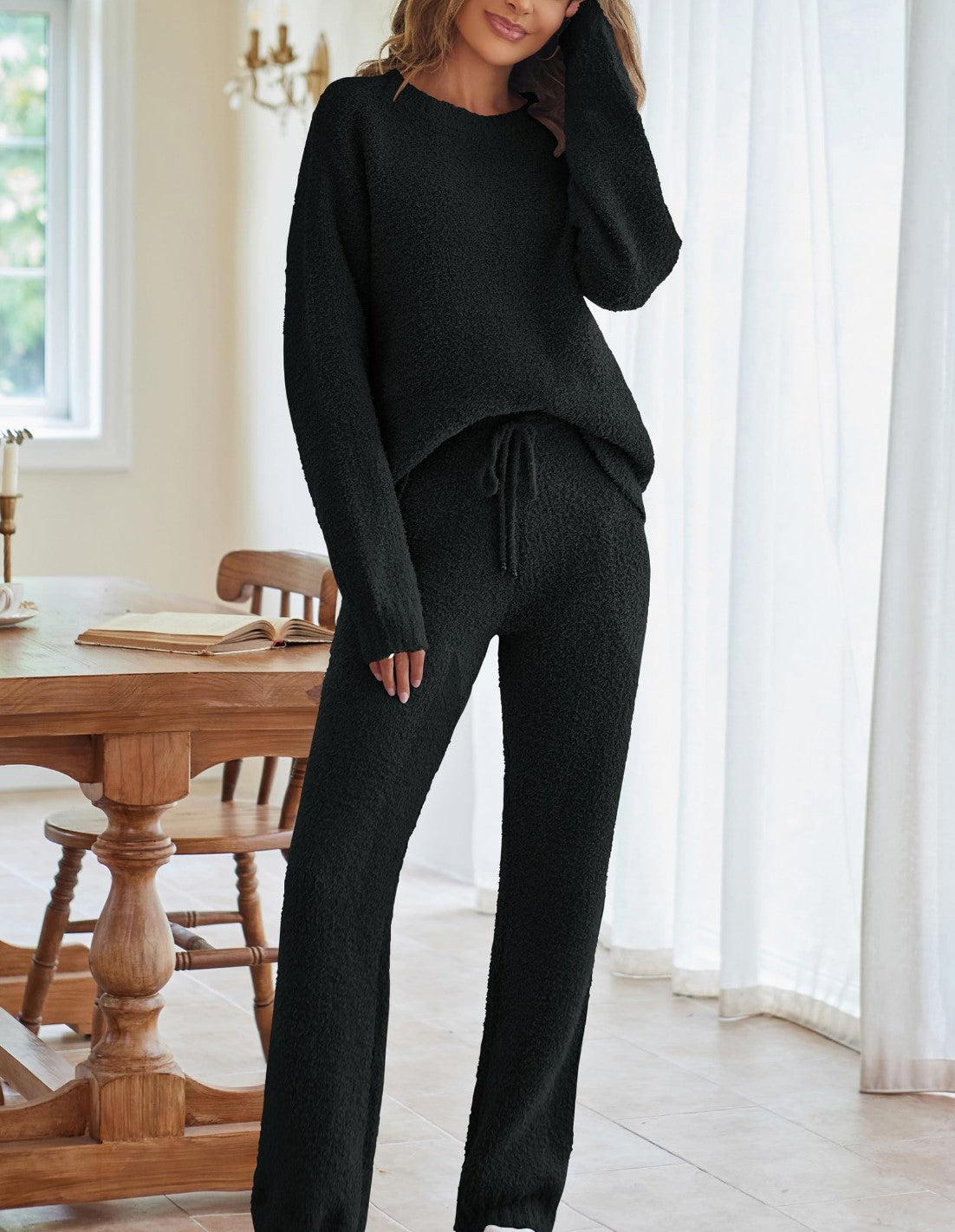 Women's black knit lounge set, long sleeves and drawstring straight pants