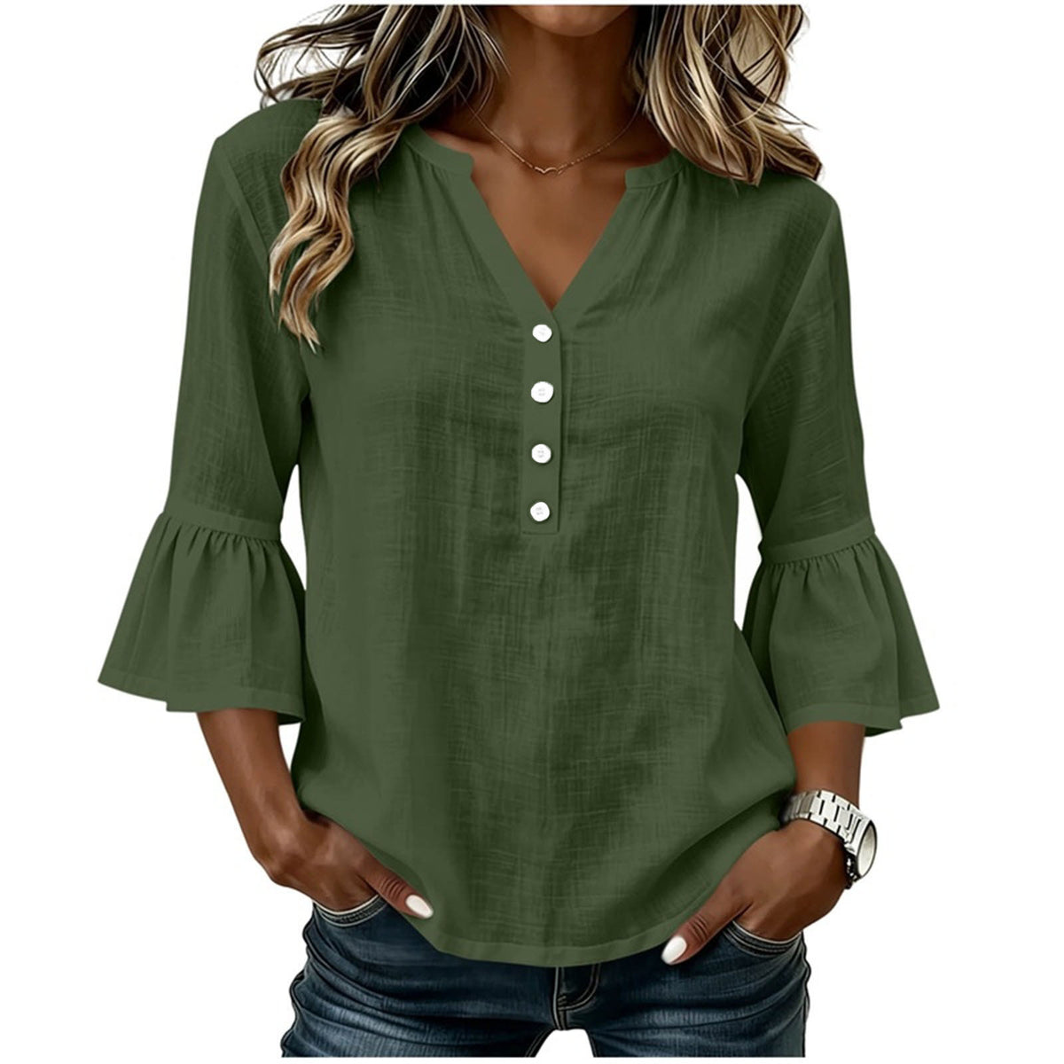 Women's army green V-neck button-front bell-sleeve blouse, loose fit
