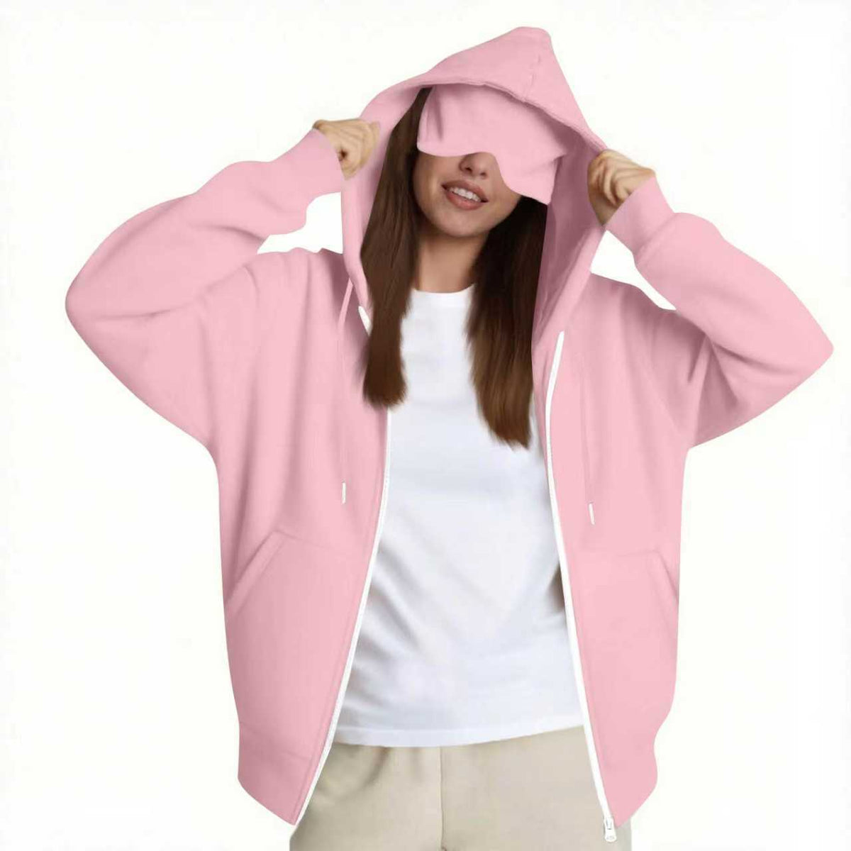 Women\'s zip-up hooded sweatshirt jacket in pink, full front zipper, side pockets