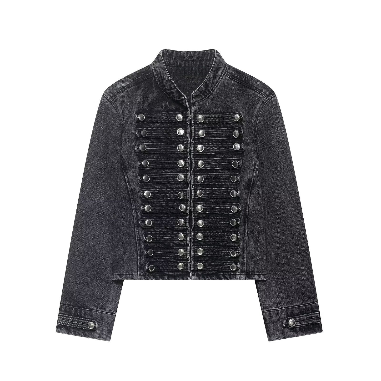 Women’s short dark gray denim jacket with stand collar and double-breasted silver snap studs