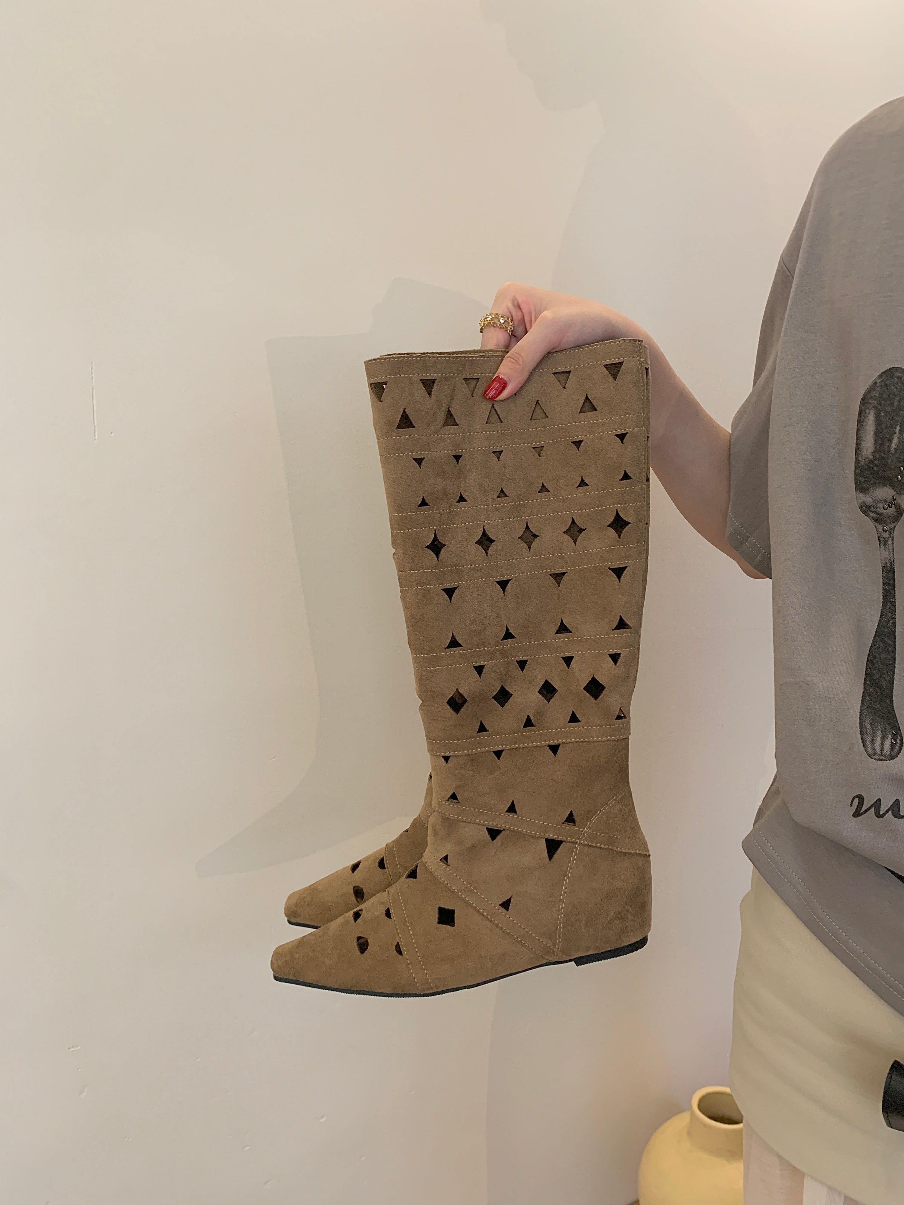 Cut Out Knee High Boots for Women — Flat Pointed Toe Slouch Boot in Suede
