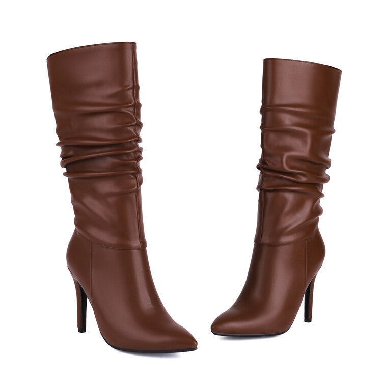Slouch Boots for Women — Pointed Toe Stiletto Mid Calf Style in Faux Leather