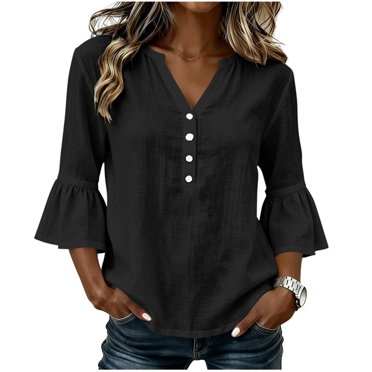 Women's black V-neck button-front bell-sleeve blouse, loose fit