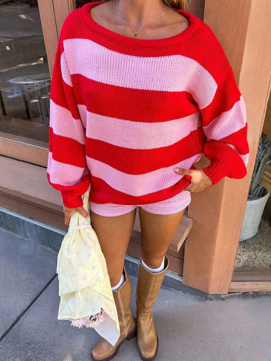 Striped Sweater for Women — Oversized Crew Neck Knit with Balloon Sleeves in Cotton
