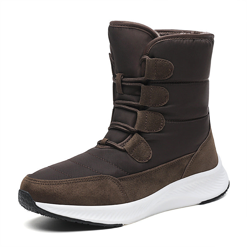 Brown high-top winter snow boot with fleece lining, hook-and-loop straps, and thick white sole