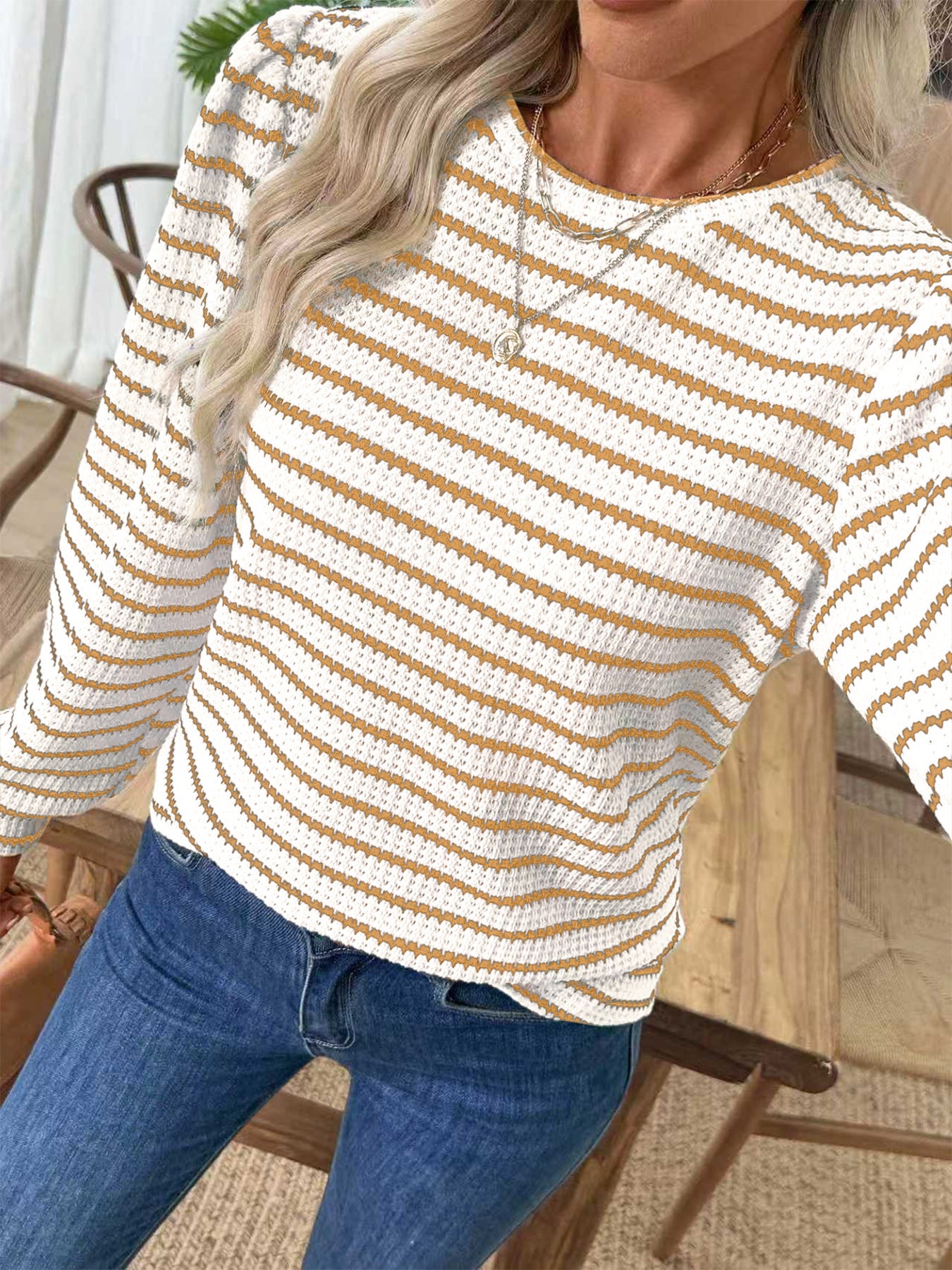 Women’s striped waffle knit crewneck top, beige-and-white long sleeves, chest button