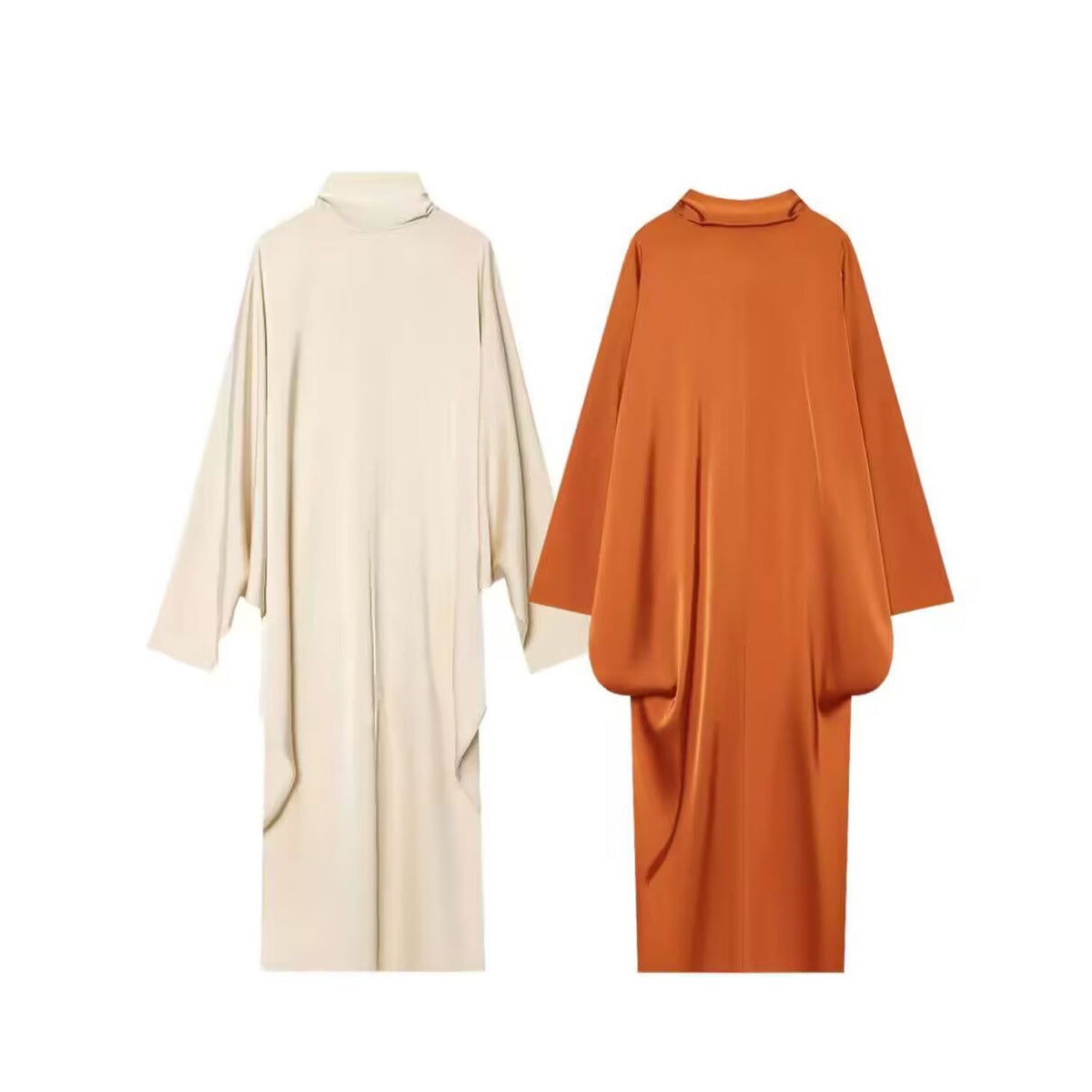 Cream and orange satin high-neck kaftan maxi dresses with batwing sleeves