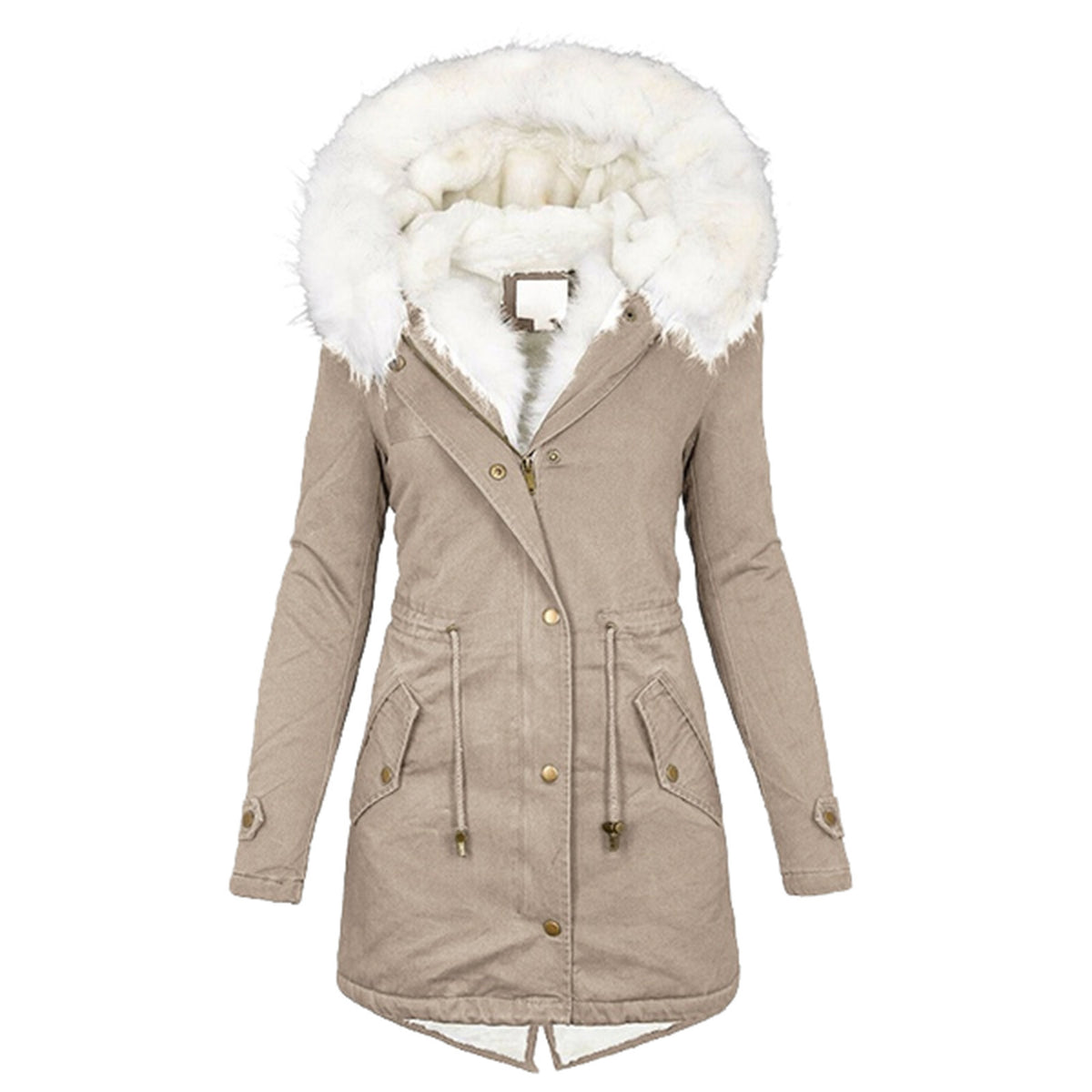Mid-length hooded parka coat with white faux fur trim, khaki, front button placket