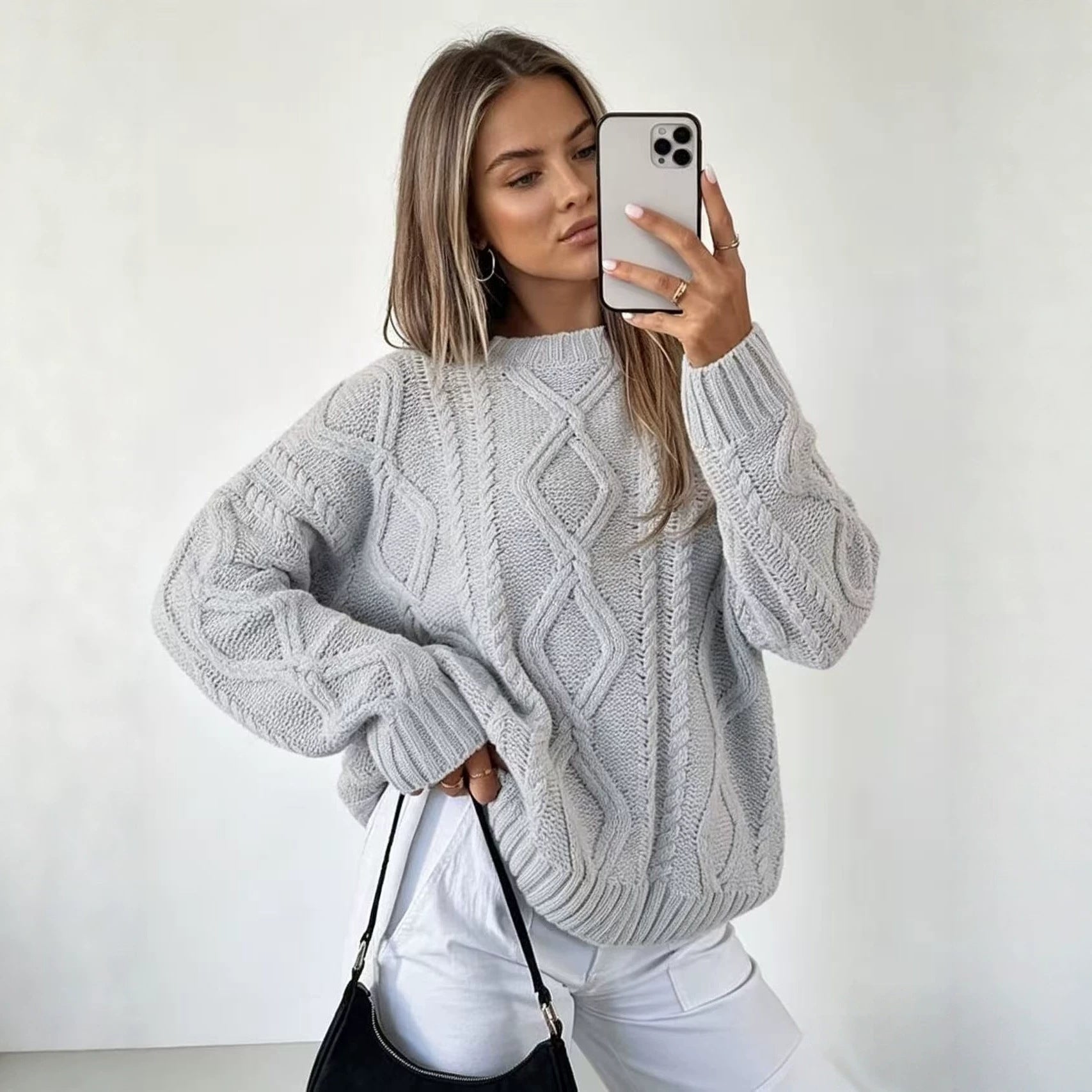 Oversized Cable Knit Sweater for Women — Chunky Aran Crew Neck in Wool Blend