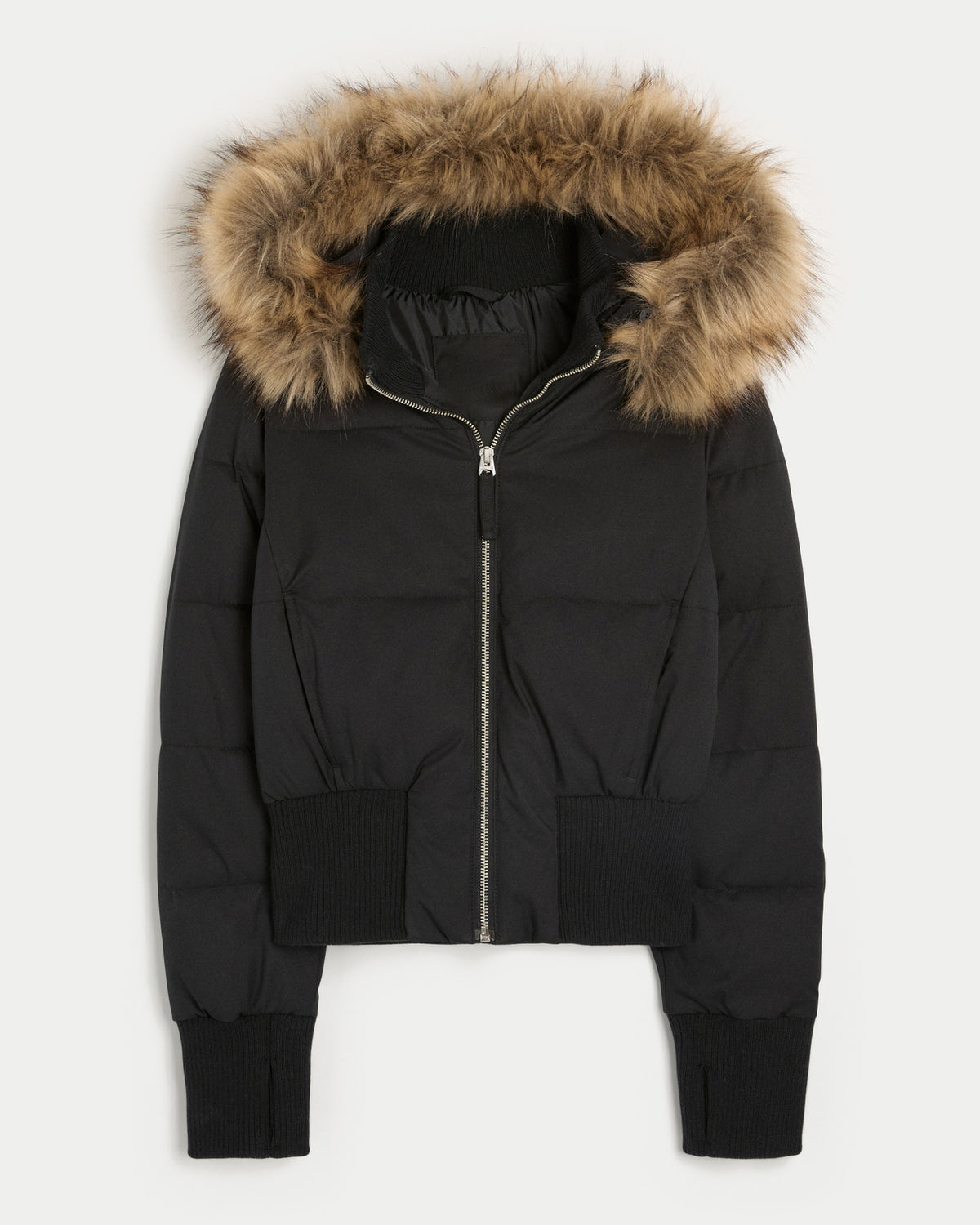 Short zip-up cotton jacket in black with fur-trim collar, ribbed cuffs and hem