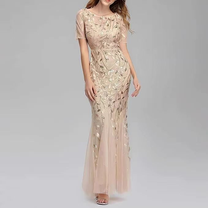 Women's mesh sequin fishtail evening dress with sheer tulle skirt, short sleeves, gold-beige