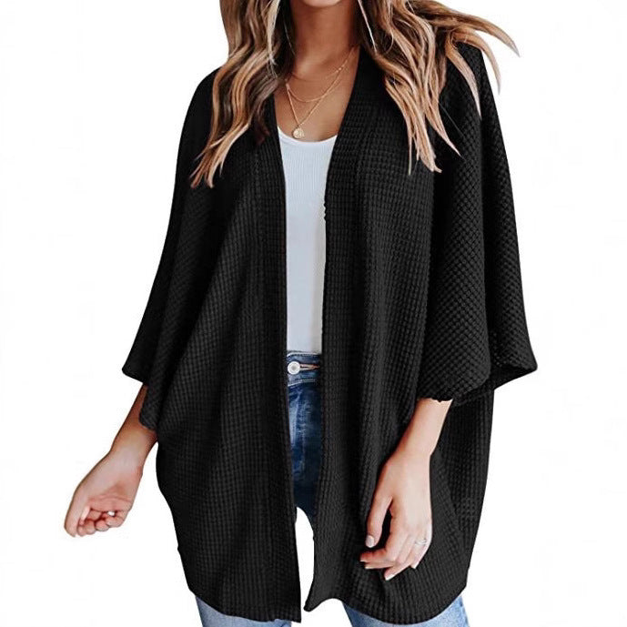 Women's loose textured knit cardigan with 3/4 sleeves, open front, black