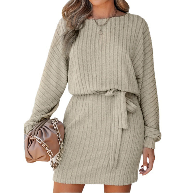 Belted Sweater Dress in a Mini Length — Batwing Sleeve Ribbed Knit with Tie Waist