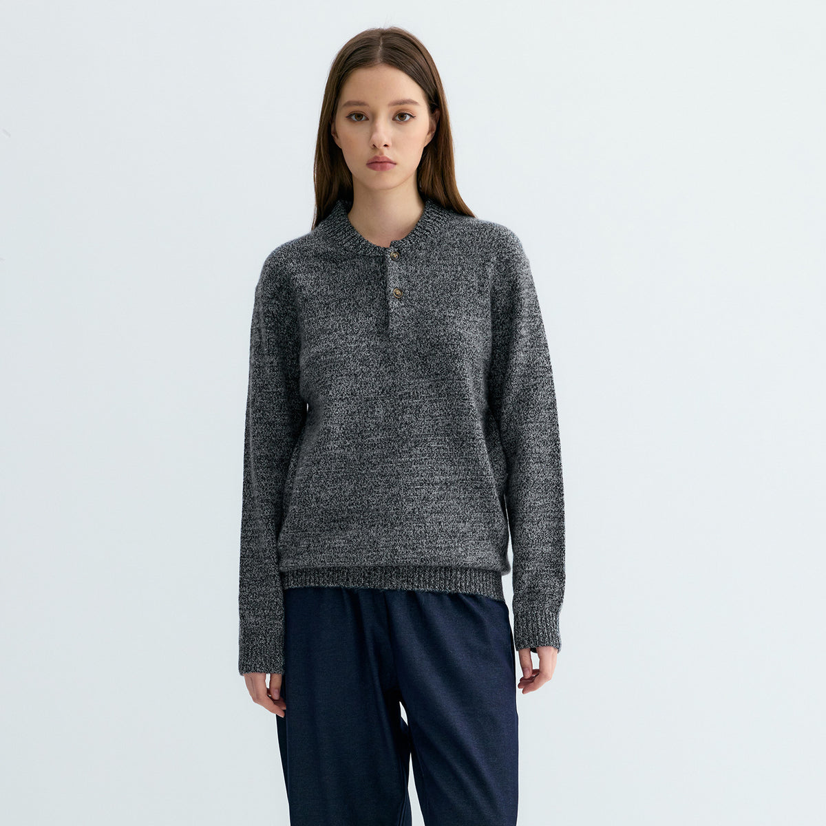 Wool knit baseball-collar sweater with two-button placket, heather dark gray knit