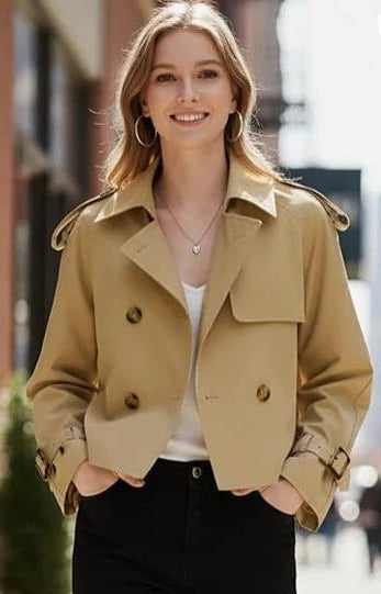 Tan short double-breasted trench coat with flap collar and gold buttons