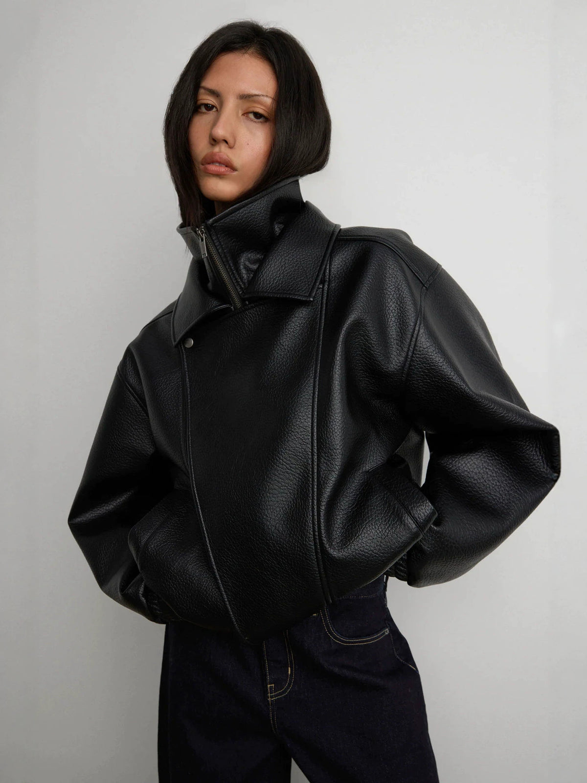 Faux Leather Jacket for Women — Oversized Cropped Moto with an Asymmetric Zip