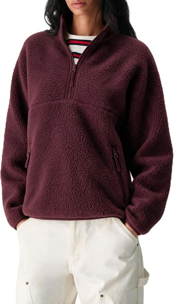 Women's fleece quarter-zip sweater, wine red teddy fabric
