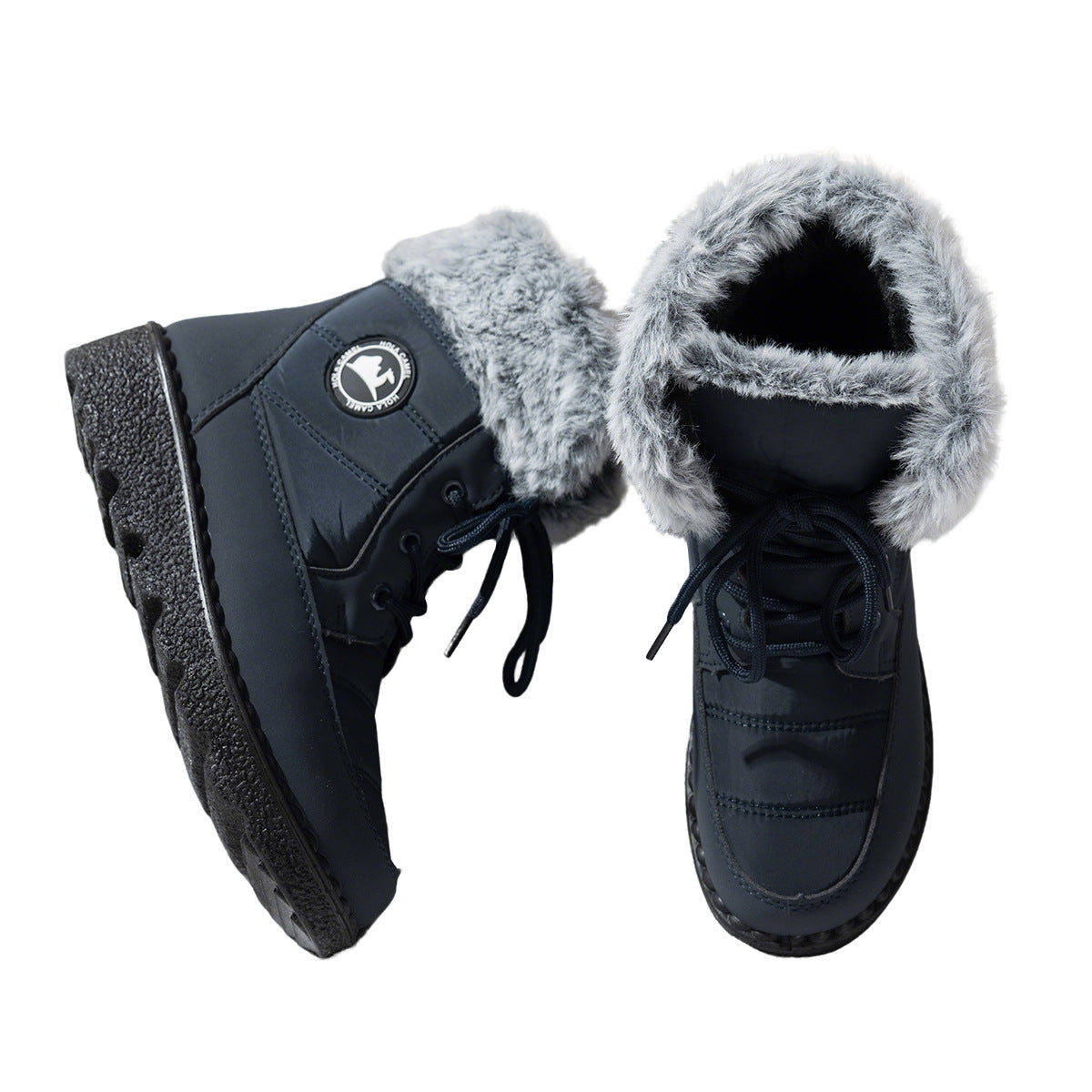 Dark blue lace-up winter boots with faux-fur trim and thick textured sole